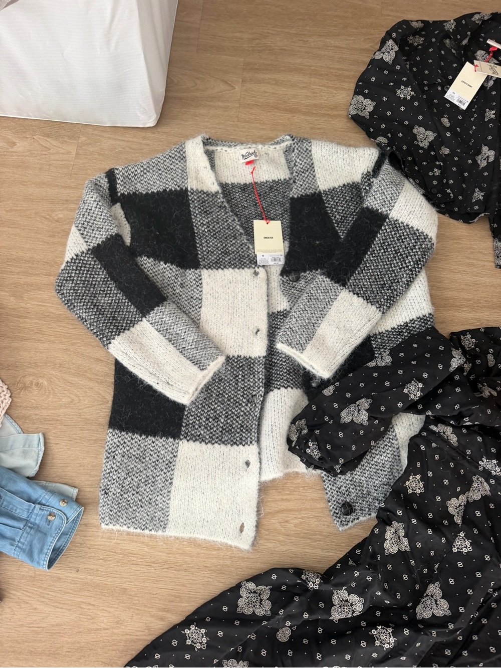 Wool rich plaid cardigan, utility dress, and utility shirt set